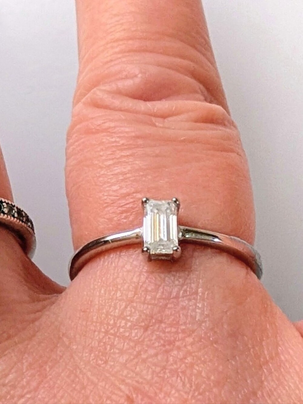 Certified VVSI D Emerald Cut .50ct Moissanite Solitaire 18k over Sterling Ring